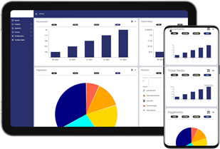 Tablet e smartphone exibindo gráficos de barras e gráficos de pizza correspondentes, ilustrando a visualização de dados entre dispositivos.